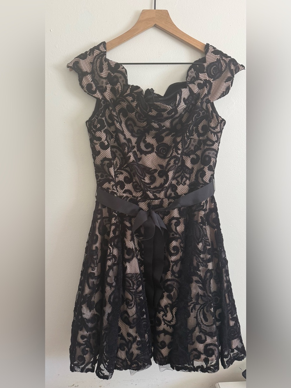 Betsy & Adam Black Lace Overlay Dress with Nude Lining and Bow